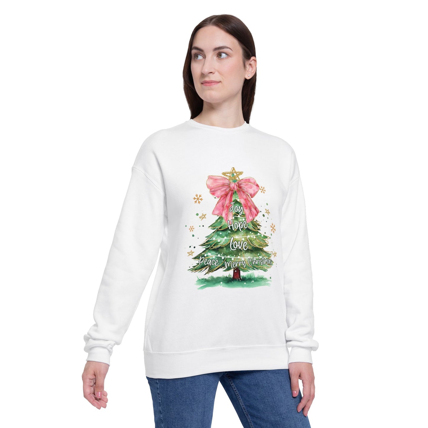 Joy Hope Peace Love Christmas Tree Bow Women's Drop Shoulder Sweatshirt