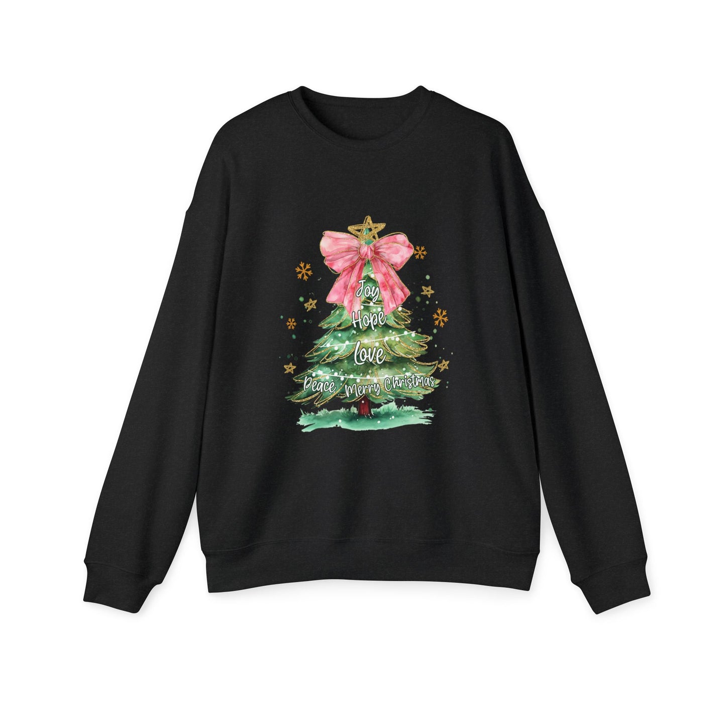 Joy Hope Peace Love Christmas Tree Bow Women's Drop Shoulder Sweatshirt