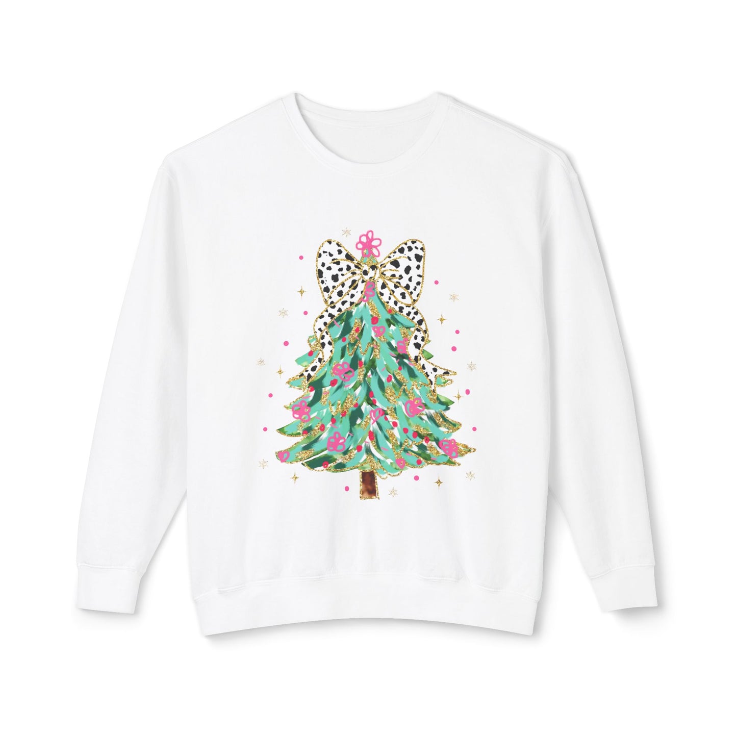 Chic Christmas Tree Sparkle and Bows Women's Lightweight Crewneck Sweatshirt