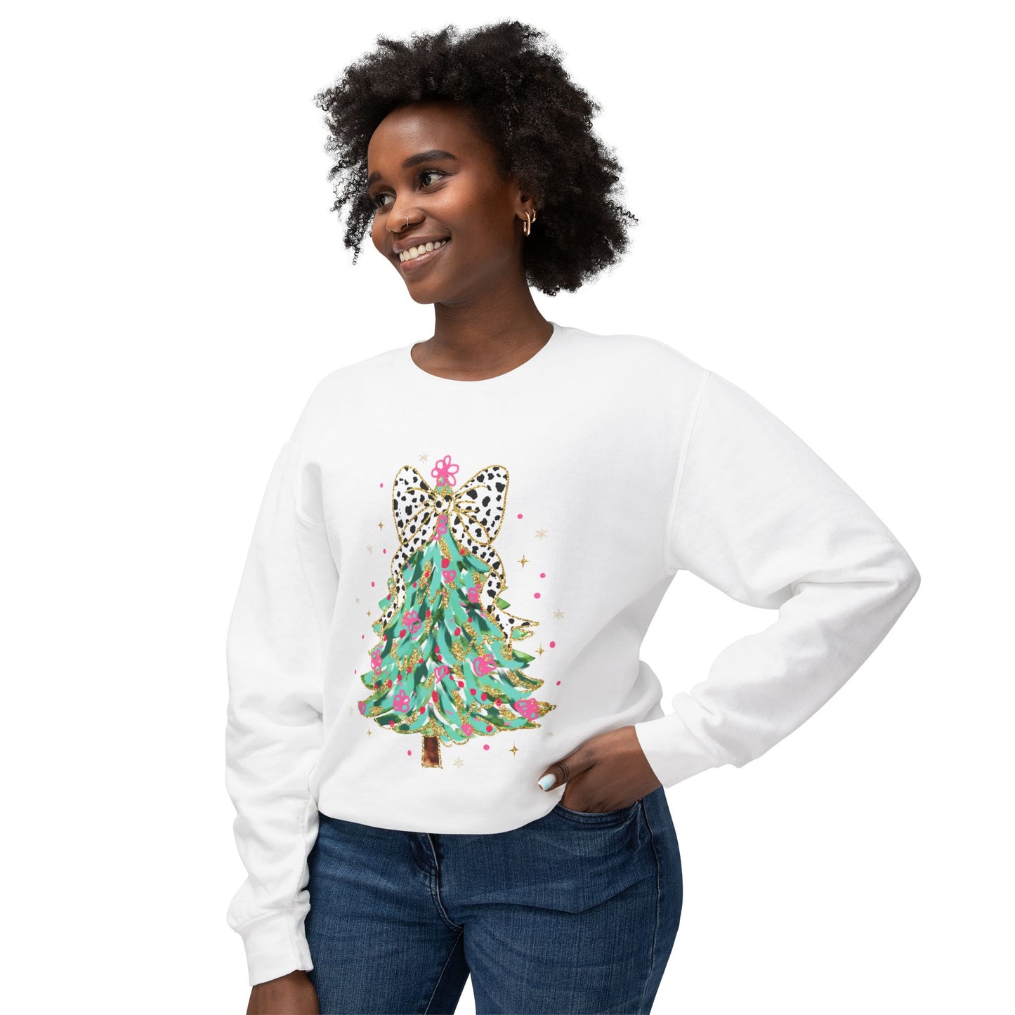 Chic Christmas Tree Sparkle and Bows Women's Lightweight Crewneck Sweatshirt