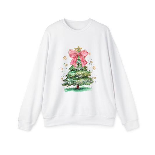 Joy Hope Peace Love Christmas Tree Bow Women's Drop Shoulder Sweatshirt