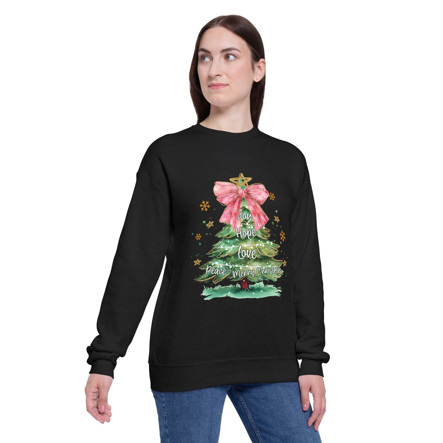 Joy Hope Peace Love Christmas Tree Bow Women's Drop Shoulder Sweatshirt